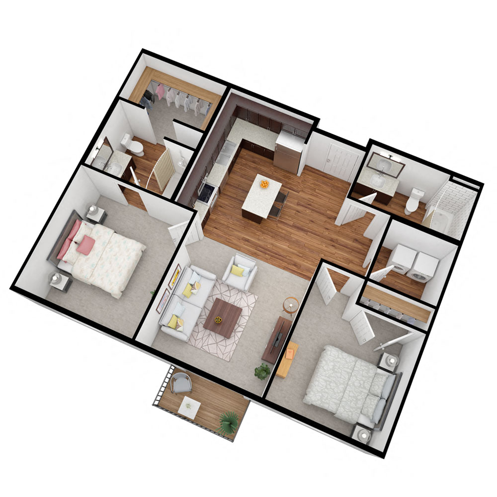 Floor plan for 2 beds, 2 baths, 912 sqft